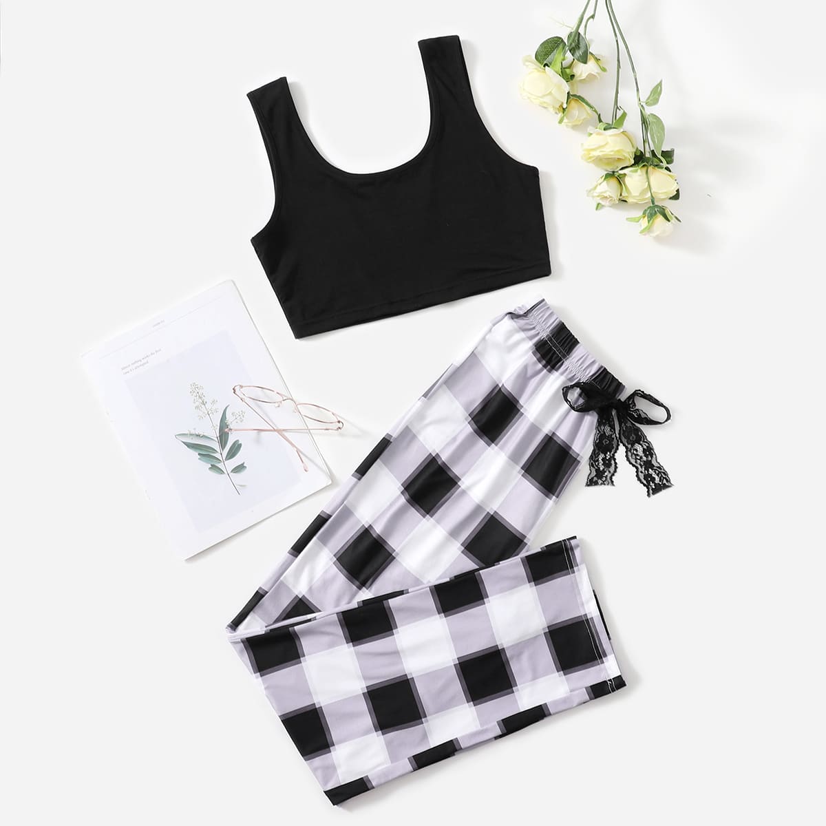

Tank Top & Buffalo Plaid Bow Detail Pants PJ Set, Multicolor