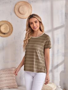 EMERY ROSE 短袖條紋上衣 - 咖啡棕 - 查看 3