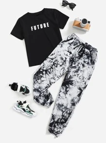 SHEIN 男孩字母圖案T恤和紮染長褲 - 黑色 - 查看 1