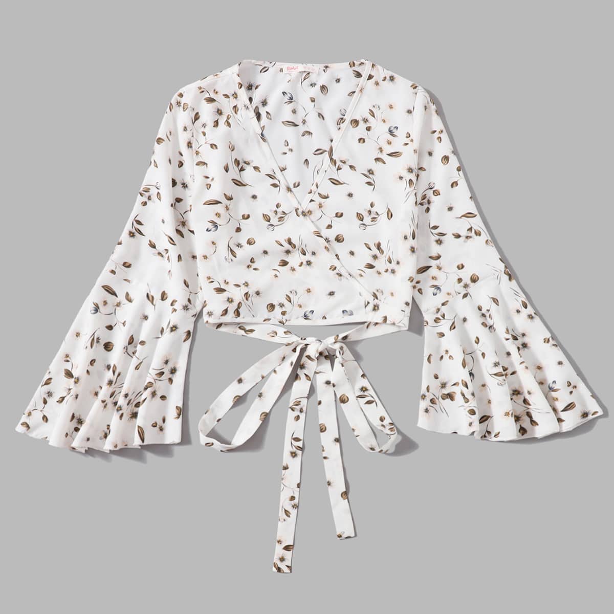 

Floral Print Wrap Crop Blouse, White