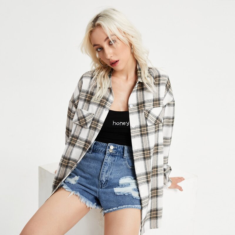 

Plaid Fake Pocket Button Front Blouse, Multicolor