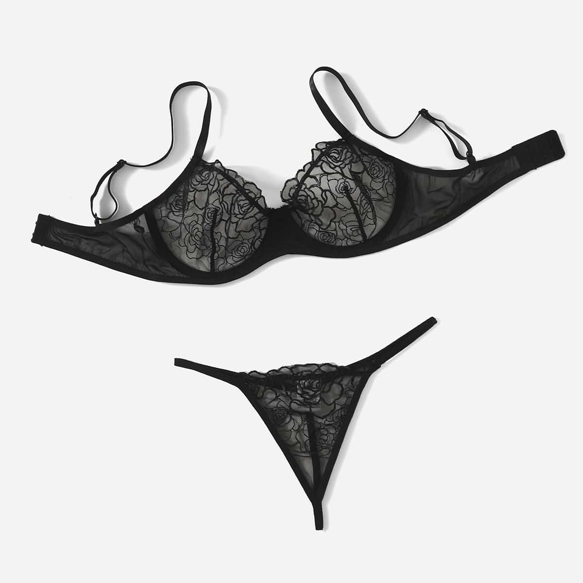 

Embroidered Mesh Underwire Lingerie Set, Black