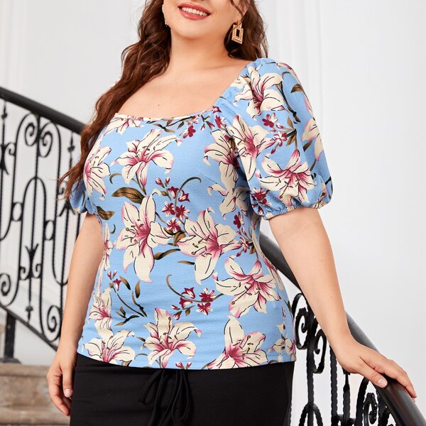 

Plus Floral Print Puff Sleeve Tee, Multicolor