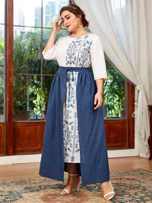 Modelyn Plus Baroque Print Dress With Knotted Skirt - Black and White - View 2