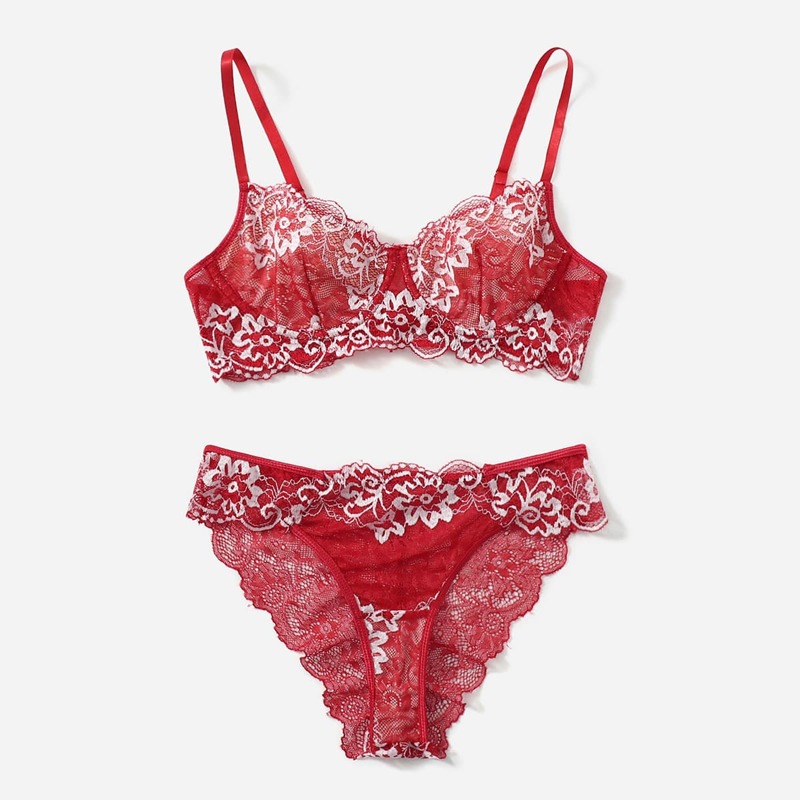 

Floral Lace Underwire Lingerie Set, Red