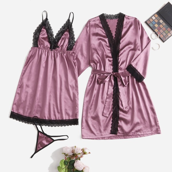 

Lace Trim Satin Slips With Thong & Belted Robe, Purple