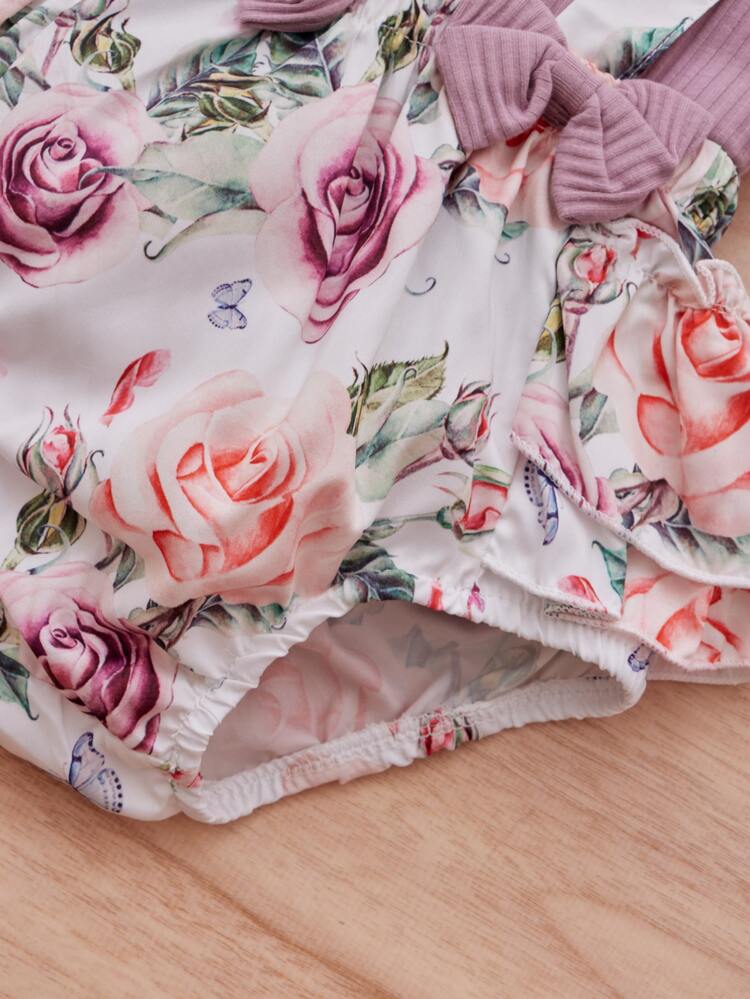 Baby Girl Ruffle Cuff Tee & Floral Suspender Shorts & Headband - Multicolor - View 3