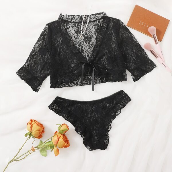 

Комплект кружевного нижнего белья с узлом, Чёрный