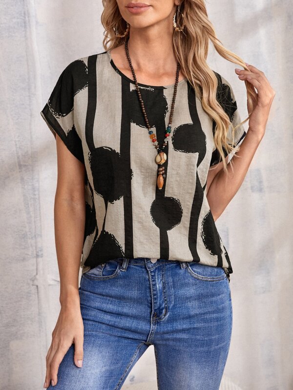 EMERY ROSE Women's Random Printed Simple Casual Short Sleeve Shirt Black Shirt Black Top