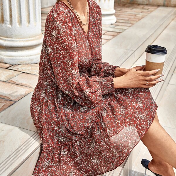

Ditsy Floral Guipure Lace Trim Shirred Ruffle Hem Dress, Redwood