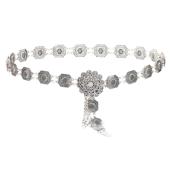 

Flower Decor Chain Belt, Silver