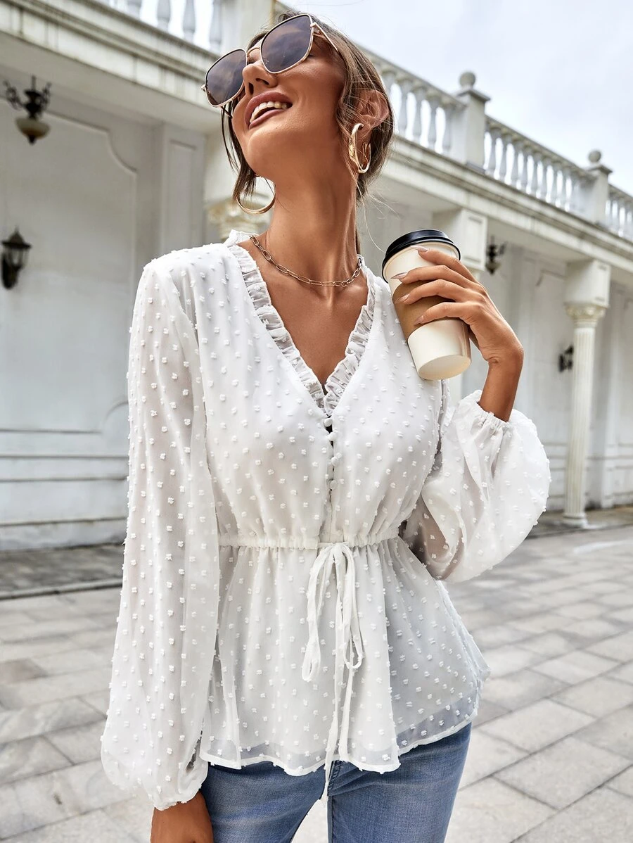 SHEIN Unity Blusa de lunares de cintura con cordón - Blanco - Ver 1