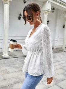 SHEIN Unity Blusa de lunares de cintura con cordón - Blanco - Ver 3