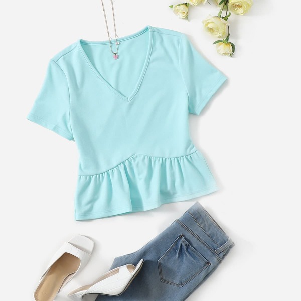 

V-neck Ruffle Hem Tee, Mint blue