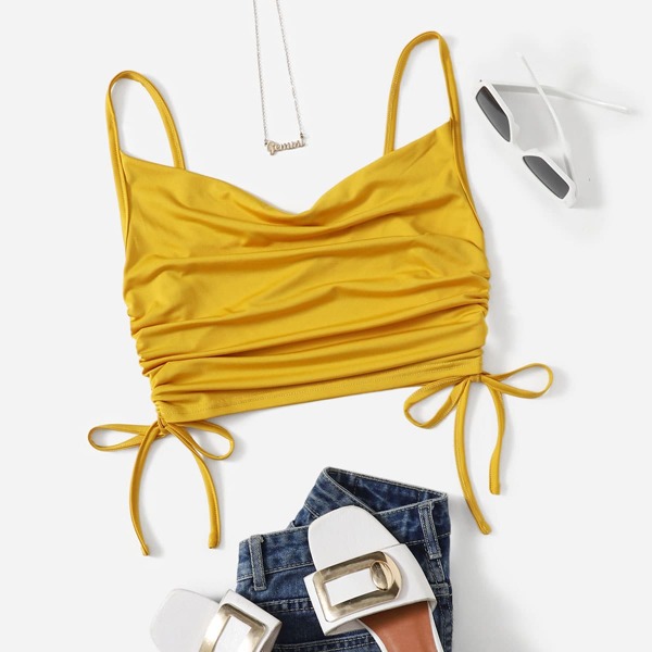 Solid Drawstring Side Crop Cami Top, Yellow