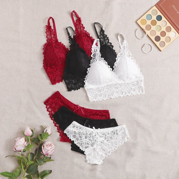 

3pack Floral Lace Bow Decor Lingerie Set, Multicolor