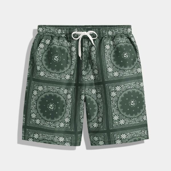 

Men Scarf Print Drawstring Shorts, Green
