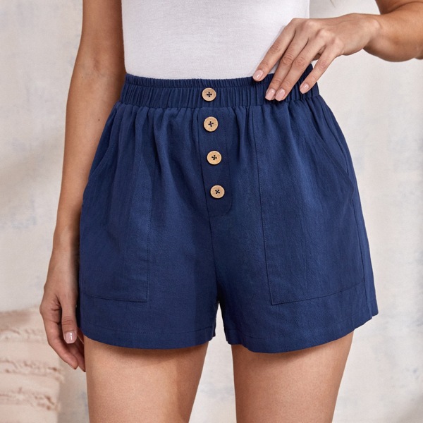 

Solid Button Detail Slant Pocket Shorts, Navy blue