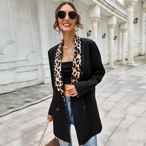 

Contrast Leopard Double Button Blazer, Black
