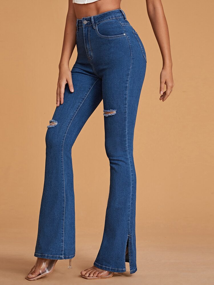 High Waist Ripped Flare Leg Jeans - Medium Wash - View 1