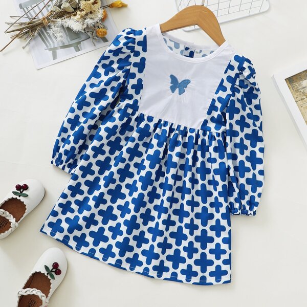 

Toddler Girls Butterfly Embroidery Cross Print Smock Dress, Blue and white