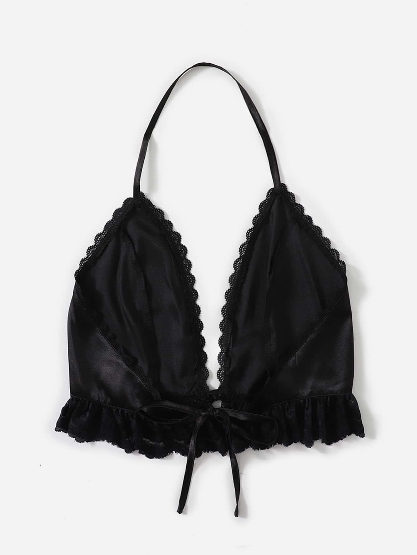 Top halter unicolor bajo con encaje con nudo delantero - Negro - Añade 1