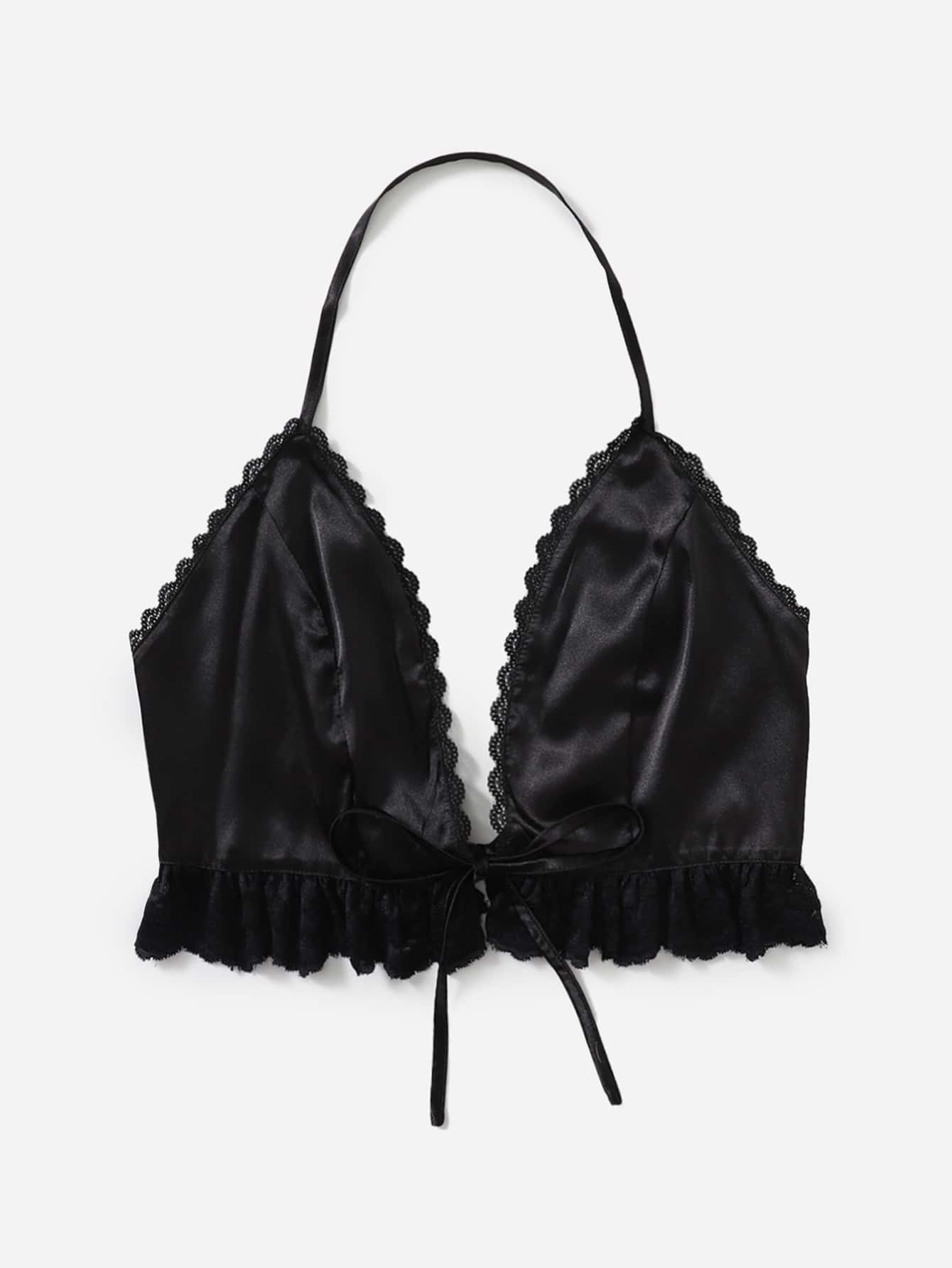 Top halter unicolor bajo con encaje con nudo delantero - Negro - Añade 2