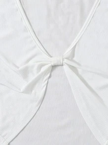 Top corto con margarita de malla en contraste de manga con volante - Blanco - Ver 4