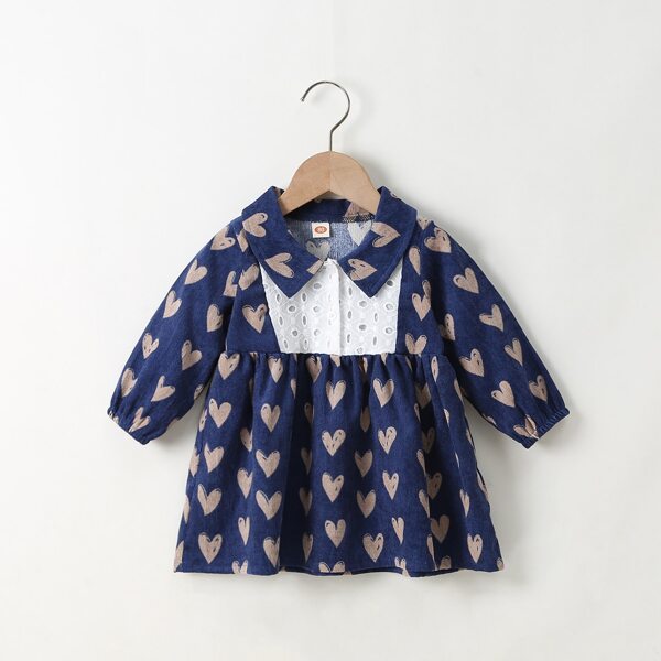 

Baby Heart Print Eyelet Embroidery Corduroy Dress, Multicolor
