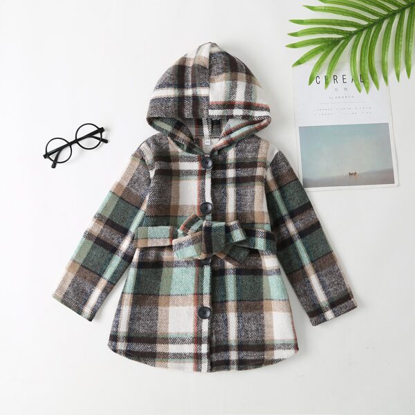 

Toddler Girls Plaid Print Belted Hooded Tweed Coat, Multicolor