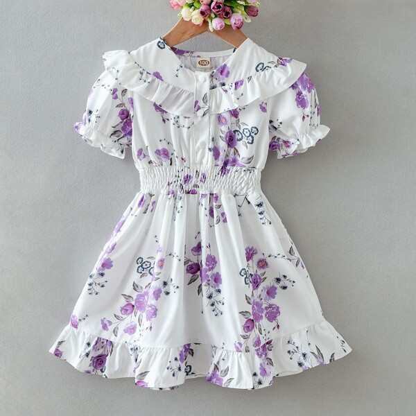 

Toddler Girls 1pc Floral Print Ruffle Trim Dress, White