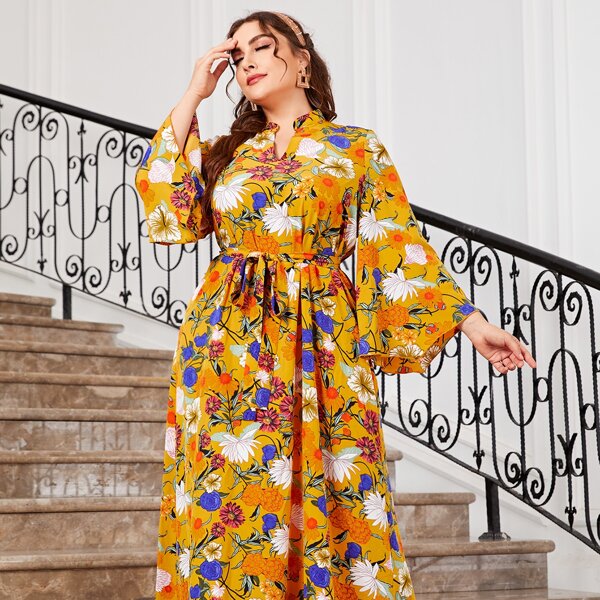

Plus Floral Print V Wired Flounce Sleeve Belted Dress, Multicolor