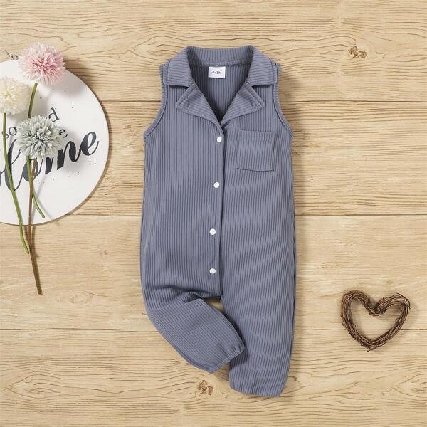 

Baby Ribbed Pocket Front Jumpsuit, Dusty blue