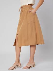 SHEIN Linen Midi A-Line Skirt - Camel - View 9