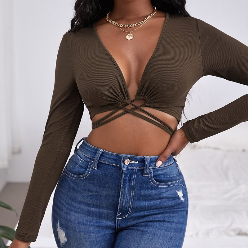 

Drawstring Cross Knot Crop Top, Chocolate brown