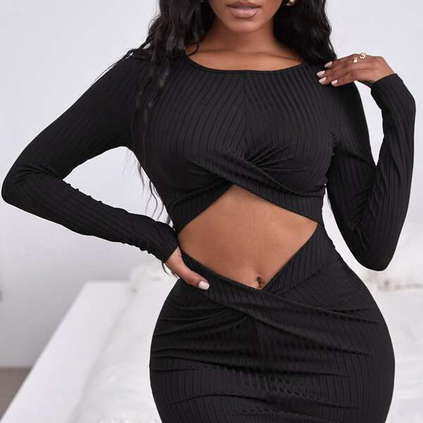 

Cut Out Cross Front Bodycon Dress, Black