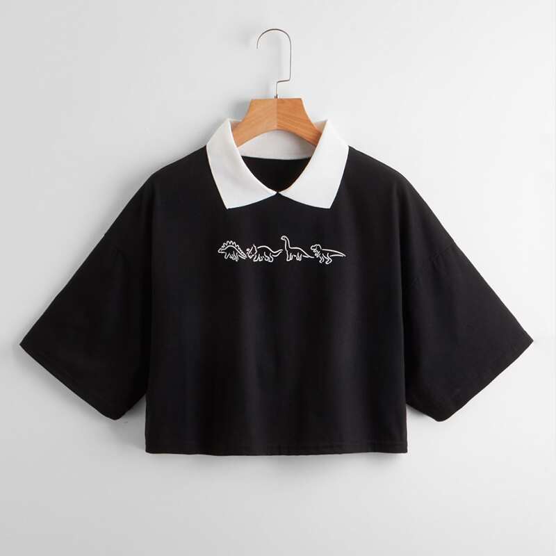 

Cartoon Dinosaur Graphic Contrast Collar Crop Tee, Black