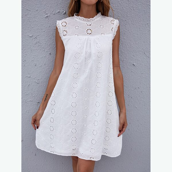 Eyelet Embroidery Mock Neck Tunic Dress, White
