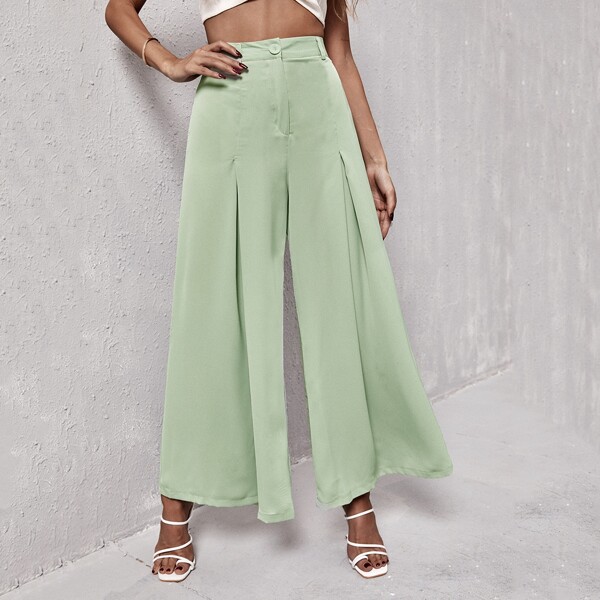 

Solid Wide Leg Plicated Pants, Mint green