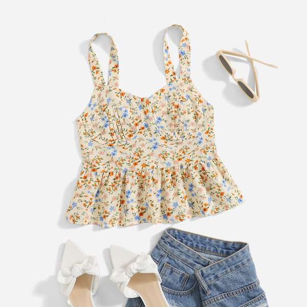 

Ditsy Floral Shirred Back Ruffle Hem Cami Top, Multicolor