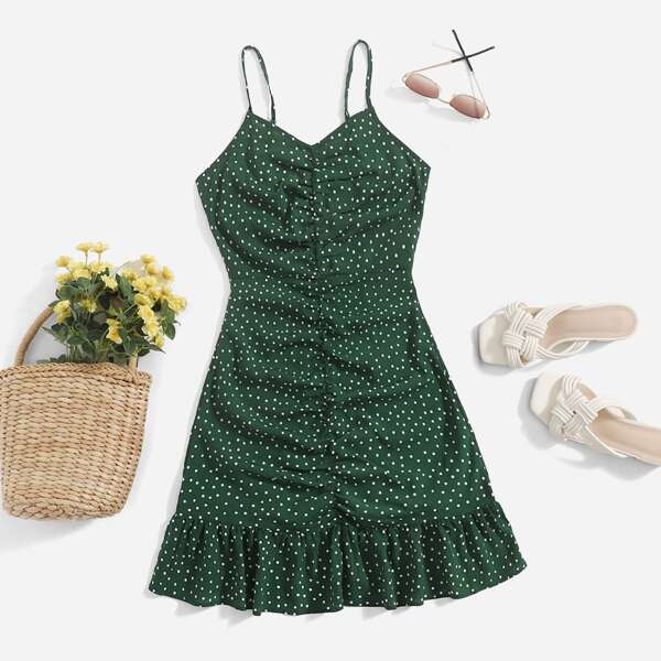 

Polka Dot Ruched Ruffle Hem Cami Dress, Green
