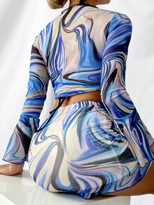 Bikinx 滿版印花鐘形袖前打結短款上衣和迷你緊身短裙 - 彩色 - 查看 2