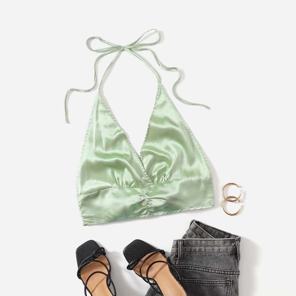 

Tie Backless Satin Halter Top, Mint green
