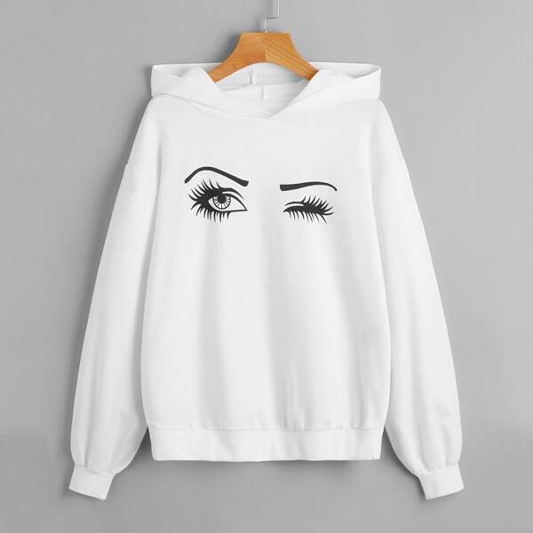 

Drop Shoulder Eyes Print Hoodie, White