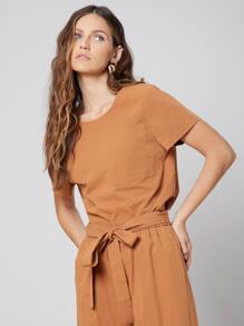 SHEIN Set Top & Pantalones con cinturón - Marrón - Ver 3