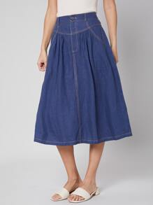 SHEIN Linen Midi Skirt - Blue - View 9