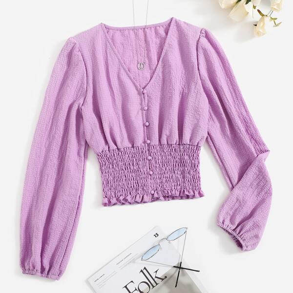 

Solid Shirred Frill Trim Blouse, Lilac purple