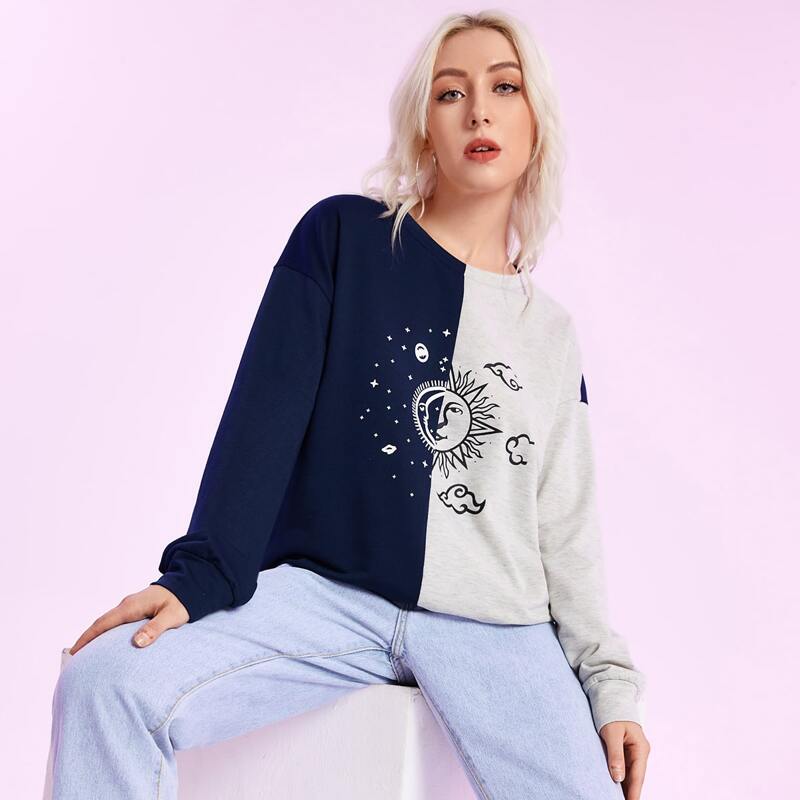 

Colorblock Sun & Moon Print Sweatshirt, Multicolor
