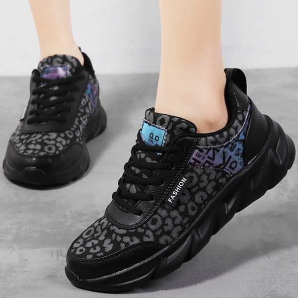 

Lace-up Front Letter Graphic Knit Sneakers, Black
