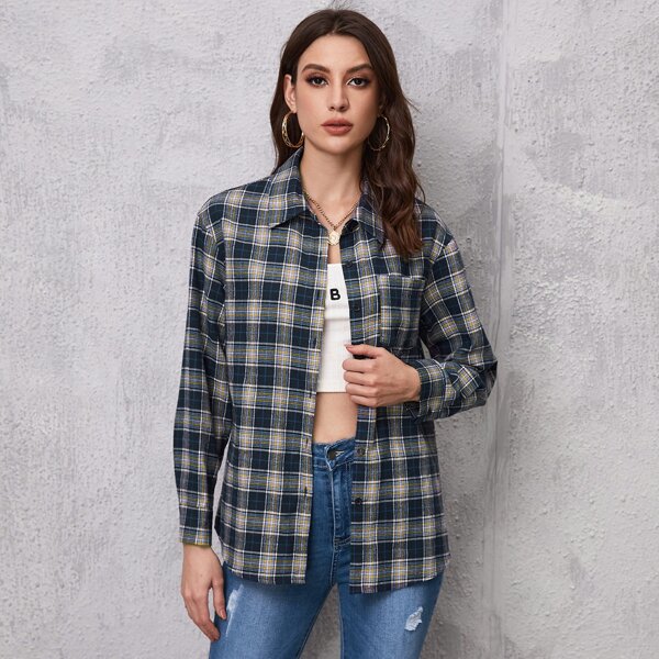 

Plaid Pocket Front Button Up Blouse, Multicolor
